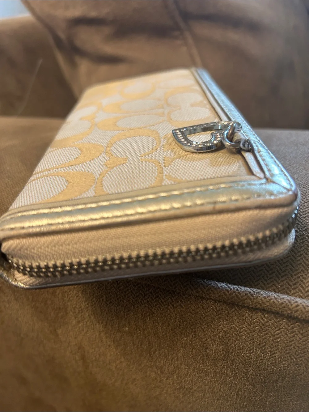 Coach Khaki/Tan Signature Continental Wallet with Heart Charm